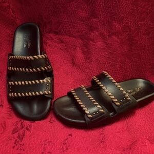 Seychelles Catch a Wave Slide Black and Brown Leather Sandals Women's Size 7